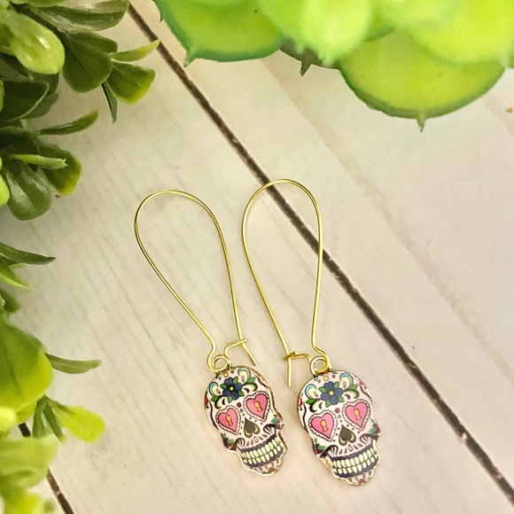 Dia De Los Muertos Sugar Skull Dangle Earrings - Picture 3 of 7